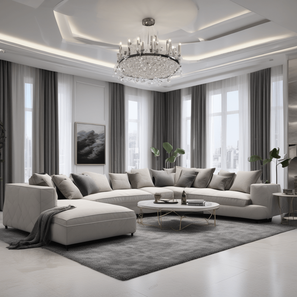 A living room in a house is adorned with a white and gray sofa and curtains 