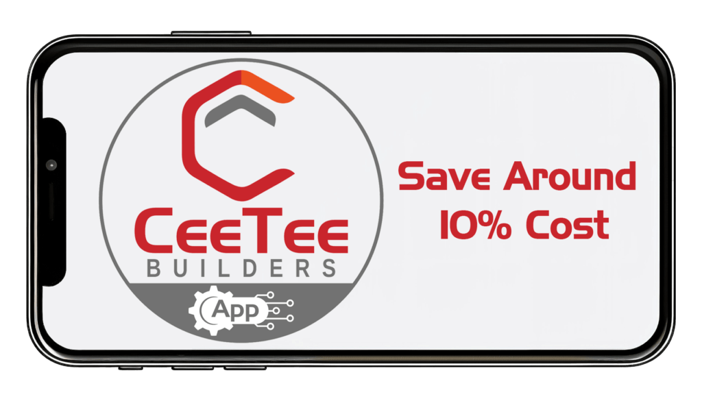 Mobile Horizontal shaped mobile display shows the logo of ceetee builders app with tag save around 10% cost